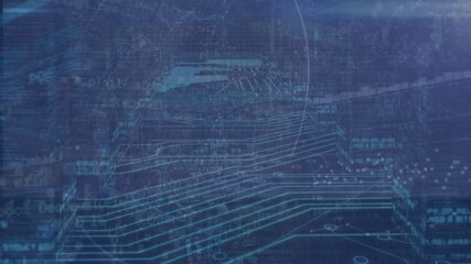 Animation of data processing with connecting dots, hud elements on digital interface - Powered by Adobe