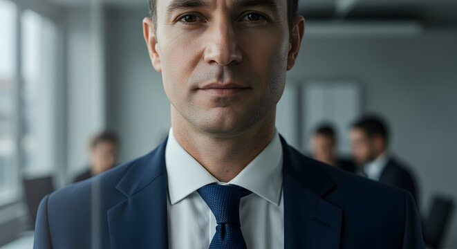 Mature businessman in a suit looking directly at the camera with colleagues blurred in the background