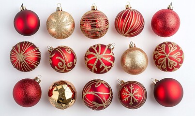 Festive Christmas Ornaments: Red, Gold, and Glittering Holiday Decorations on White