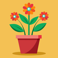 Three colorful flowers in a red pot on a yellow background