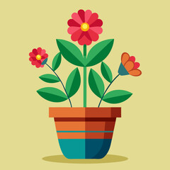Stylized potted plant with colorful flowers and green leaves