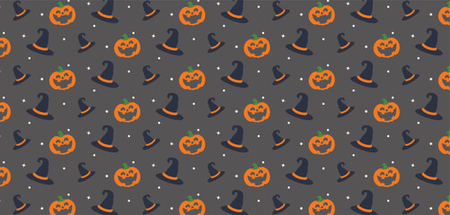 Halloween Pattern with Pumpkins and Witch Hats
