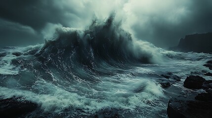 Dramatic depiction of a powerful ocean wave crashing against a rocky shoreline photo