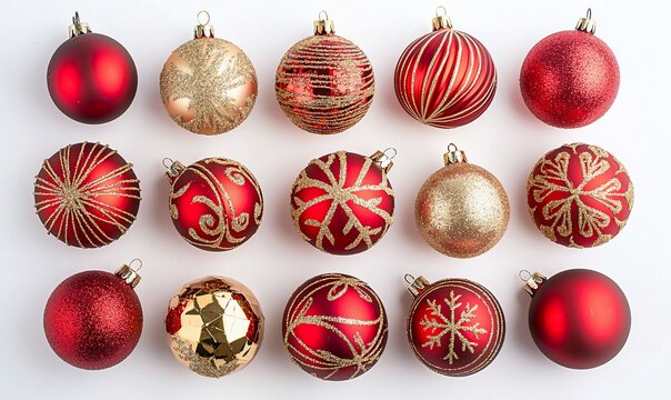 Festive Christmas Ornaments: Red, Gold, and Glittering Holiday Decorations on White