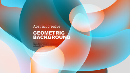 Abstract fluid shapes overlap, creating vibrant geometric background. Orange, blue hues dominate dark space. Text present.