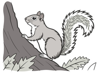 Cute cartoon squirrel climbing a tree stump with leaves © bashanti