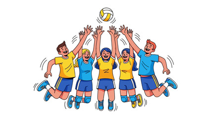 Volleyball Action: A dynamic illustration captures a volleyball team mid-play, with all players in action to reach the ball, filled with movement and energetic vibe.