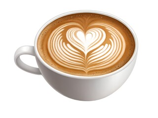 Delicious cappuccino with intricate latte art heart shape isolated on white