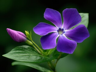 Obraz premium Close up of a purple Periwinkle flower with a bud in soft focus against a dark green background in a garden setting