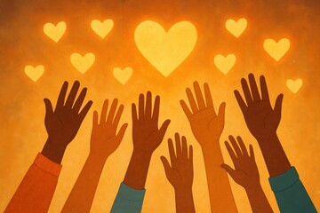 Compassionate hands reaching toward floating hearts symbolizing charitable giving volunteer work and community support