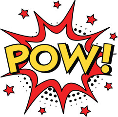 Dynamic comic book style pow explosion sound effect bursting with energy and action surrounded by small red stars and black dots on a white background