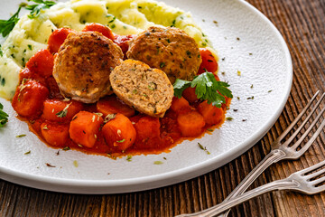 Fried pork meatballs and carrots in tomato sauce with mashed potatoes on wooden table