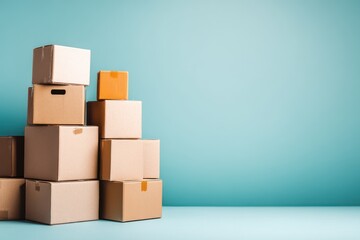 Fototapeta premium Stack of Cardboard Boxes in Studio Shot on Blue Background Moving or Shipping Concept Still Life