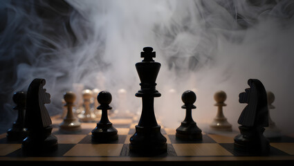 Dramatic chess scene with smoke, highlighting the strategic battle between the black and white pieces on the chessboard