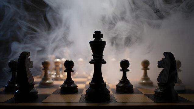 Dramatic chess scene with smoke, highlighting the strategic battle between the black and white pieces on the chessboard