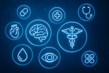 a collection of glowing neon medical icons representing various health concepts and human body parts on a futuristic dark blue background