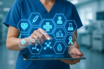 a female medical professional in blue scrubs points at a futuristic interface of glowing hexagonal medical icons hovering above a tablet
