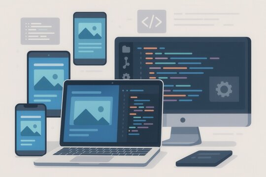 Cross-platform mobile app development workflow showcasing responsive design across smartphones tablets and laptops