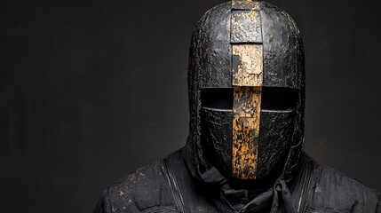 Distressed helmeted figure in dark ambiance