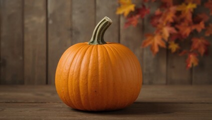 Autumn Pumpkin on Wooden Table with Fall Leaves - A Seasonal Decoration for Thanksgiving and Halloween