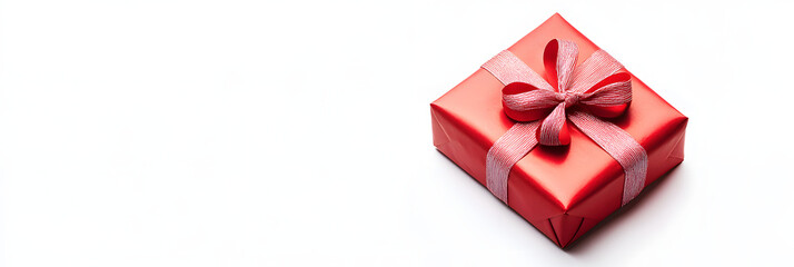 Red Gift Box with Satin Ribbon on White Background