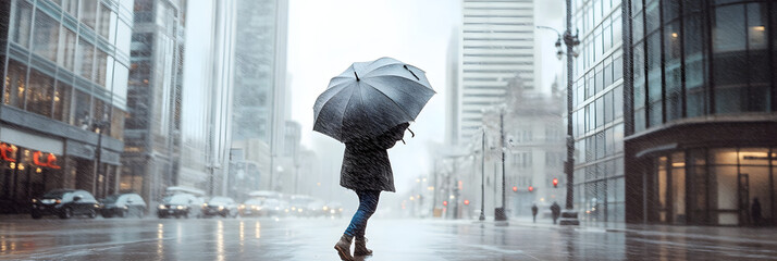 a city-dweller struggling to hold onto their umbrella on a windy city street wide banner