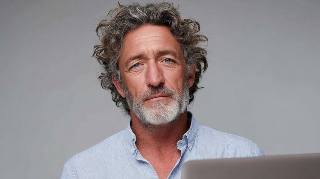 Mature man in smart casual attire working on laptop in neutral setting during daytime - Powered by Adobe