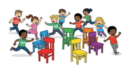Colorful Chairs and Cheerful Children: A vibrant depiction of children joyfully engaging in a game of musical chairs.