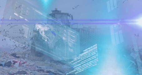 Animation of interface with globe and birds over flying garbage trunk unloading junk at landfill - Powered by Adobe