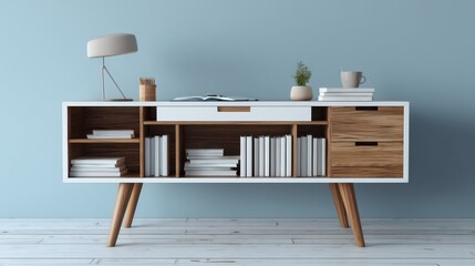 Modern sideboard cabinet with books and decor against a blue wall in a bright room interior design furniture lifestyle