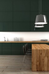 Modern kitchen interior design featuring dark green cabinets and a wooden island with pendant lights