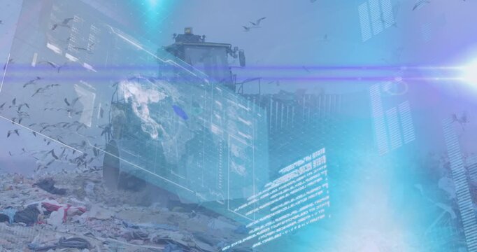 Animation of interface with globe and birds over flying garbage trunk unloading junk at landfill - Powered by Adobe
