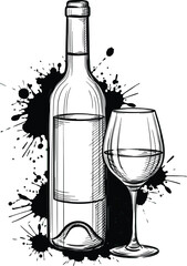 Wine: A black and white line art drawing of a wine bottle and a full wine glass, with ink splatters surrounding them for a modern, artistic touch.