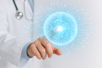 a doctor's hand pointing at a glowing circuit board orb representing artificial intelligence and innovation in medicine and healthcare technology