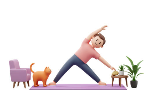 Isolated man doing yoga at home with cat, exercise fitness wellbeing in apartment space