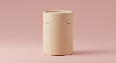 Minimalist beige cylindrical container with lid centered on soft pink background studio shot