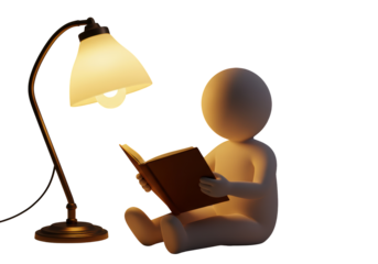 Isolated bookworm sitting under lamp with book, reading a novel at home late at night