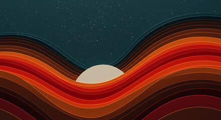 Abstract Warmtoned Sunset Landscape with Curving Stripes and Starry Night Sky Background waves