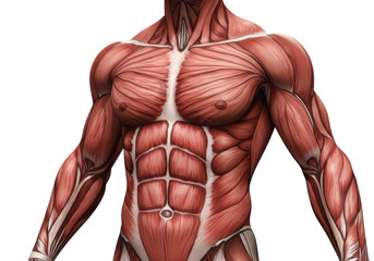 Isolated anatomical model shows human male torso muscular system for medical study diagram