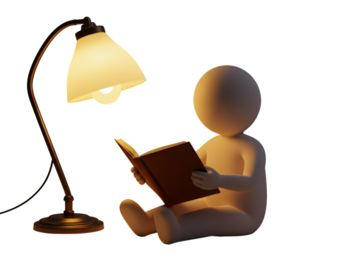 Isolated bookworm sitting under lamp with book, reading a novel at home late at night