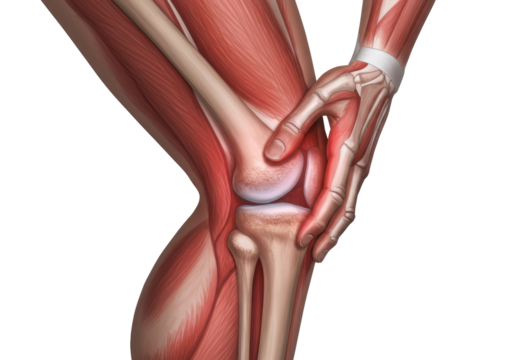 Isolated human knee anatomy in medical drawing style showing joint, muscles and bones
