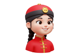 Isolated Chinese girl in traditional dress and hat, character design, 3D illustration