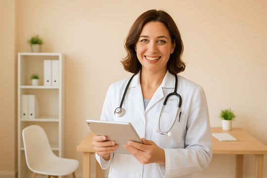 a happy and confident female doctor in a white coat holding a digital tablet and smiling at the camera in a modern clinic or office