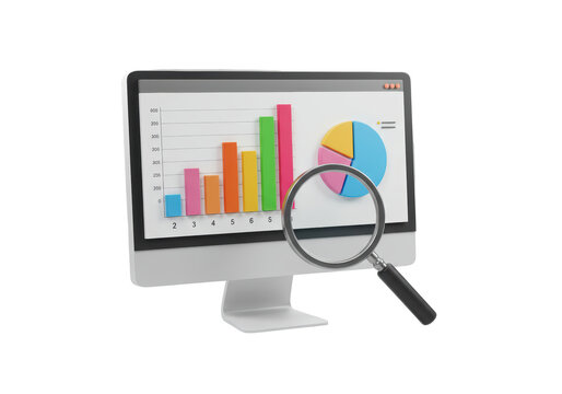 Isolated computer screen display with financial charts and a magnifying glass, information analysis