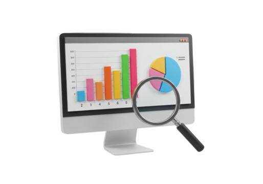 Isolated computer screen display with financial charts and a magnifying glass, information analysis