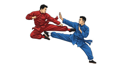 Dynamic Martial Arts:Two disciplined martial artists engage in a dynamic display of power, skill, and focus. This illustration captures a moment of action and discipline. 
