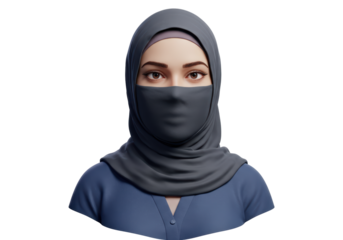 Isolated portrait of elegant young Muslim woman wearing hijab, headscarf, face mask in shades of blue