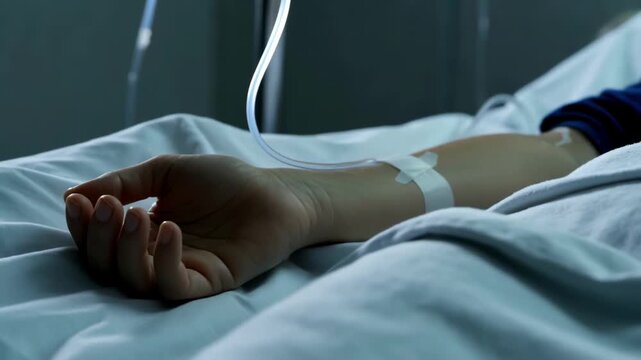 Hospital patient receiving intravenous IV drip therapy treatment in medical bed with saline solution bag and tubing