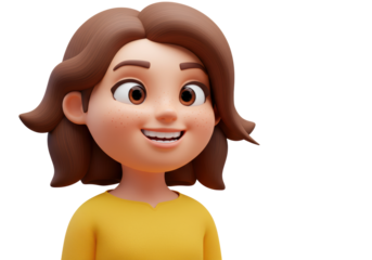 Isolated Girl Cartoon Character 3D Rendering Smiling, Wearing Yellow Top Looking Friendly