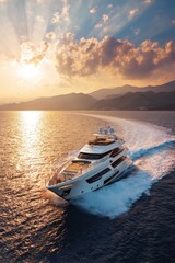 Luxury Yacht Cruising at Sunset Aerial View in Mediterranean Sea near Mountains and Clouds Golden Hour